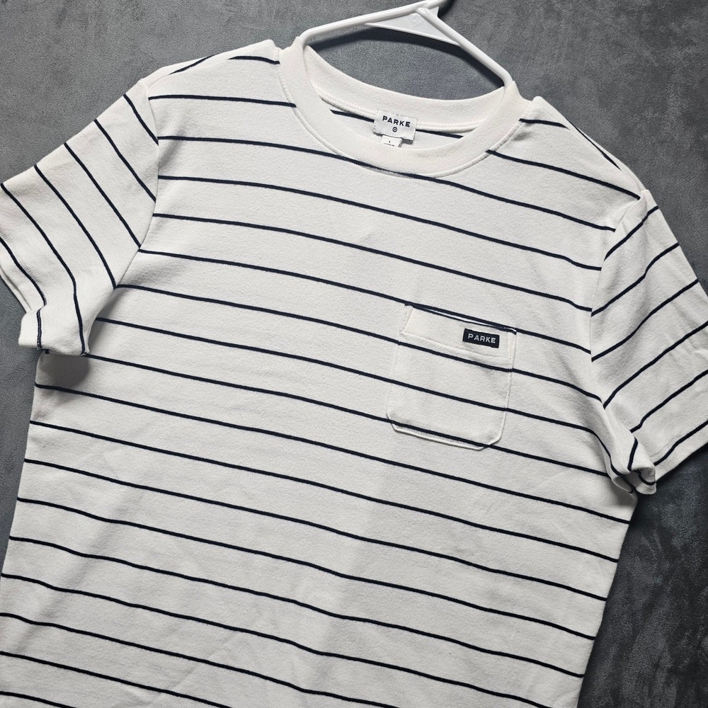 PARKE‎ Womens Striped Short Sleeve Pocket T-Shirt White Navy Blue Large L/NWOT